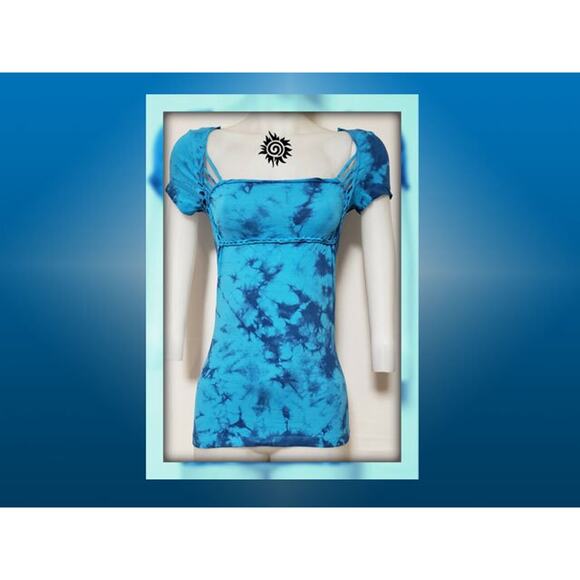 SEA LOVE - LARGE - Women's/Juniors Cut and Weaved Navy Blue and Turquoise Top - Picture 3 of 6